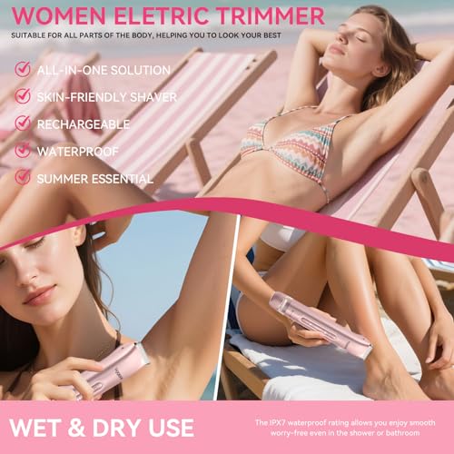 Bikini Trimmer for Women 2 IN 1 Electric Razors IPX7 Waterproof Wet & Dry Use Womens Electric Razor Dual Head Shaver for Bikini Underarm Leg Arm Body Face, Pink