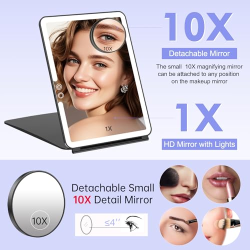 FUNTOUCH 10x7.5 Portable Makeup Mirror with Light, Rechargeable LED