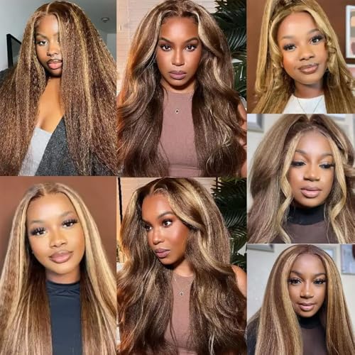 Freiuoke P430 Highlight Brown Kinky Straight Hair Bundles 16-20 Inch, 3-Pack Brazilian Virgin Human Hair Extensions