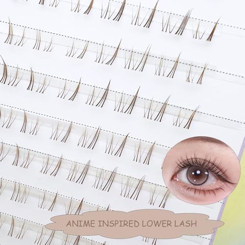 Brown Bottom Lashes Clusters Manga Bottom Lash Individual Wispy Natural Eyelash Clusters Lower False Lashes 100pcs Crisscross Clear Band Under Eyelashes MUQIU37 DIY Anime Lash Extensions (MQ616)