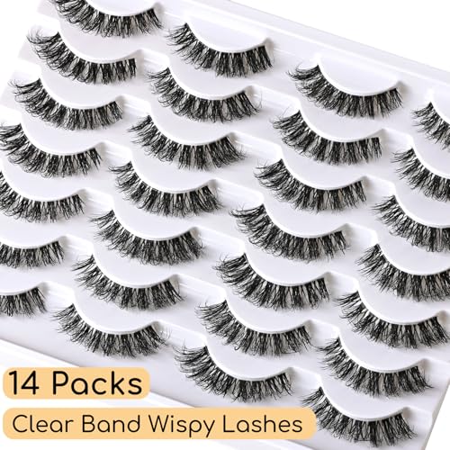 APCYUST Natural Wispy Cat Eye Lashes - 14 Pairs Clear Band