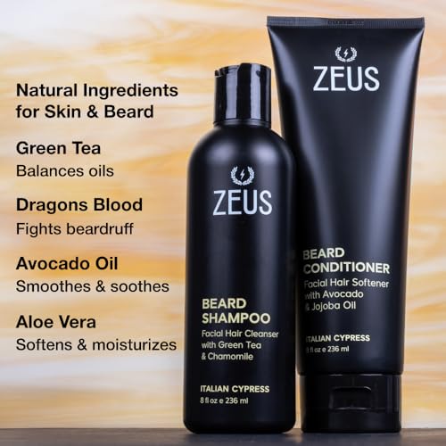 ZEUS Beard Wash Set for Men, Shampoo & Conditioner Duo with Green Tea & Essential Oils, Hydrates, Softens & Strengthens Beard Hair (Made in USA) Vanilla Rum