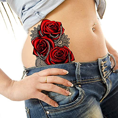 Red Rose Black Lace Temporary Tattoo - 4 Pack Waterproof