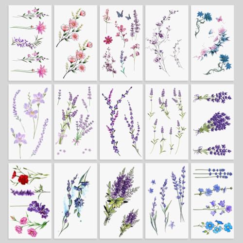 Temporary Tattoo Stickers - 15 Sheets Watercolor Floral