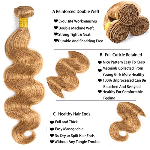 #27 Honey Blonde Body Wave Human Hair Bundles - 16, 18, 20 Inch