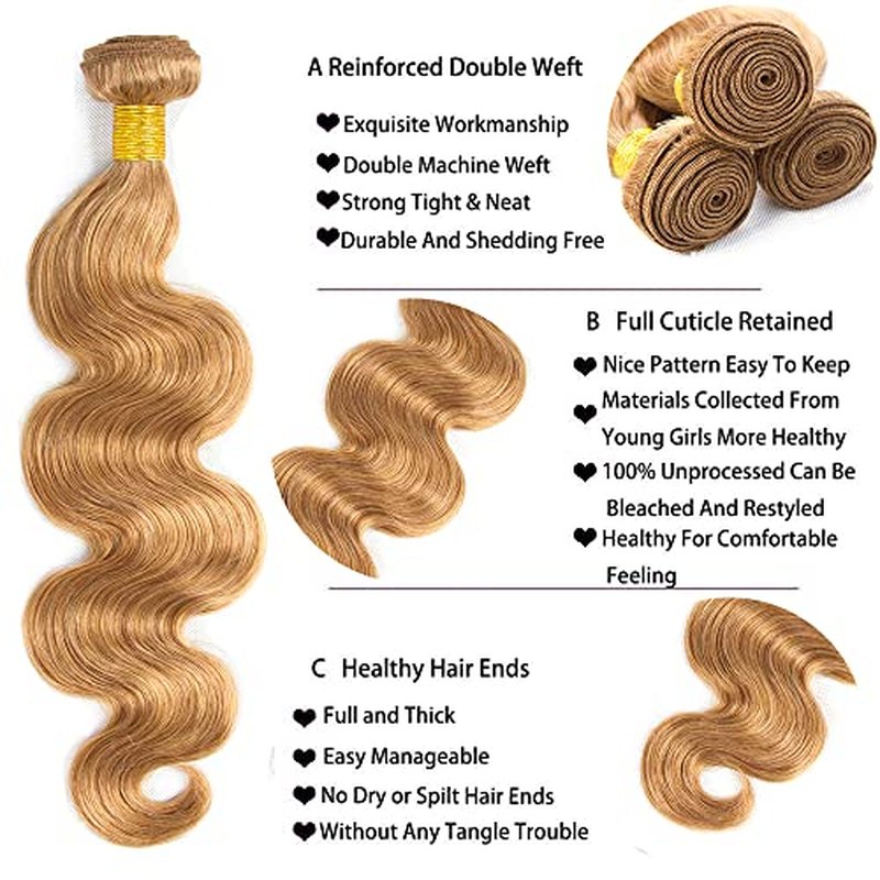 #27 Honey Blonde Body Wave Human Hair Bundles 3-Pack