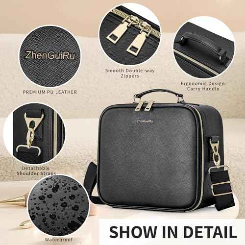 Travel Makeup Bag with LED Mirror, Portable Cosmetic Case Organizer with Lighted Mirror, Waterproof Makeup Case for Cosmetic Brush Holder Storage, Black Toiletry Bag for Women Gift