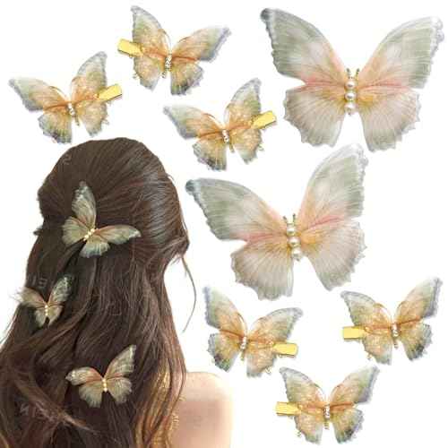 8Pcs Tulle Rhinestone Butterfly Hair Clips Moving Wings Butterflies Hair Barrettes for Girls Y2K Glitter Hairpins Cute Butterfly Claw Clips Fairy Accessories for Women Thick Thin Hair
