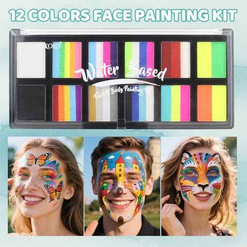 Face Painting Kit for Kids & Adults, Split Cake Face Paint Palette, Water Activated Face Paint with 4 Brushes, Safe & Quick-Dry, Perfect for Halloween Party Birthday Cosplay