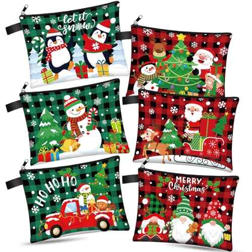 Zonon 6 Pcs Christmas Canvas Makeup Bags Small Cosmetic Bag Set with Zipper Portable, Cute Buffalo Plaid Style Pouch, Pencil Case Set Bulk for Women Student Holiday Travel Xmas Party Gifts Supplies