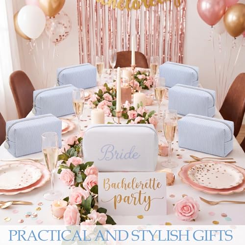 8-Piece Bridesmaid Makeup Bags Set | Seersucker Cosmetic Pouch Bulk