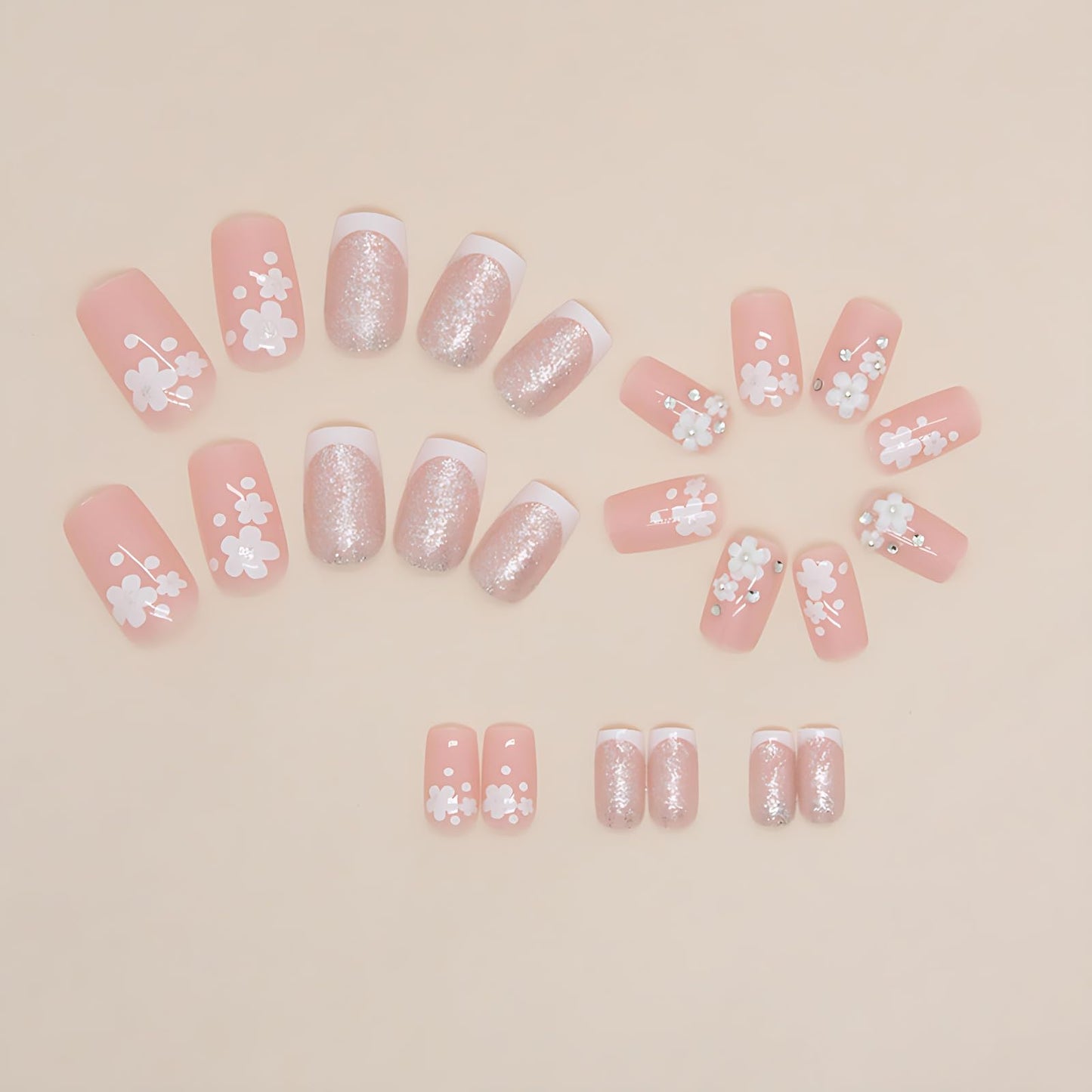 Pink Press on Nails Medium French Tip Press on Nails Square 5D Flower Fake Nails with Artificial Glue Nails Stick on Nails in 24Pcs Medium Square French Nails