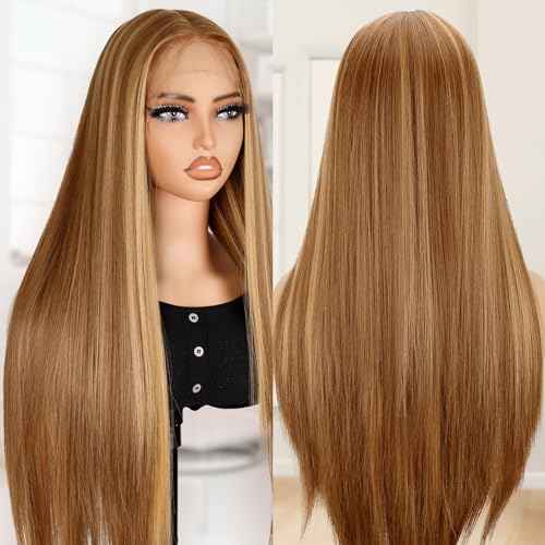 BLL Lace Front Wig Honey Blonde Synthetic Pre-Plucked Highlight Glueless Wigs 30 Inch Straight Hair Wig Ready To Wear (Honey Blonde 4/27, 30 Inch)