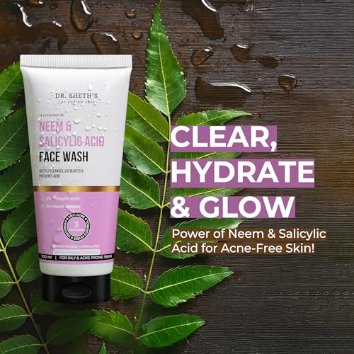 Dr. Sheth¡¯s Neem & Salicylic Acid Face Wash | Deeply Cleanses & Unclogs Pores | Controls Acne, Blackheads & Oil | Unisex BHA Cleanser | 3.38 Fl Oz/100 ml