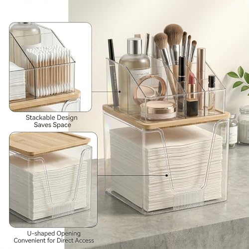 2-Tier Facial Towel Holder with Bamboo Lid & Makeup Organizer