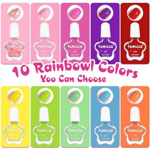 TOMICCA Kids Nail Polish - Quick Dry Non-Toxic Nail Polish Set 10 Colors, Peel Off Water Based Rainbow Nail Polish, Kids Natural Safe Nail Polish for Toddler Teen DIY Nail Art