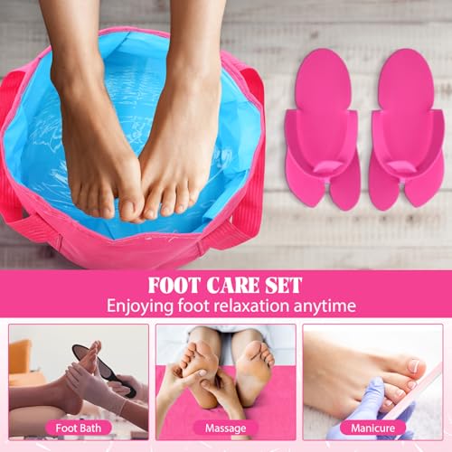 6 Sets Rose Red Foldable Foot Bath Kit 15L Collapsible Foot Soaking Tub Bathroom Towels Women Adult Foldable Slippers with Storage Bag Spa Soak Pedicure Bath for Travel Camping