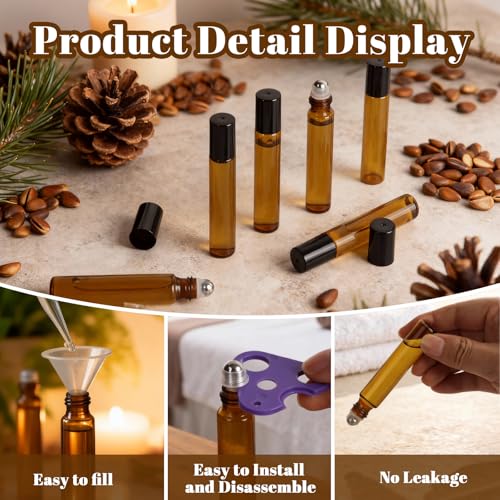 GGOLDMER 54 Pack 10ml Amber Glass Roller Bottles for Essential Oils