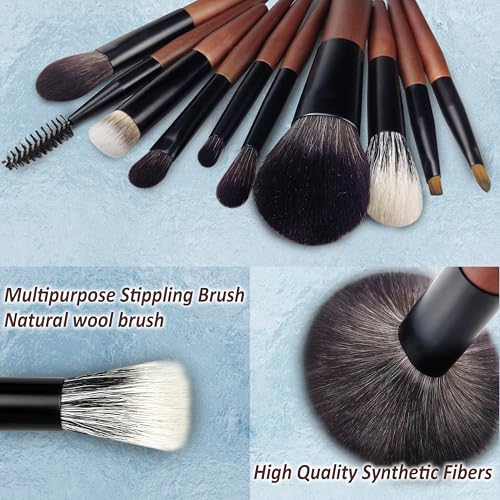 Travel Makeup Brush Set with Case, Mini Makeup Brushes Set for Powder, Foundation, Eyeshadow, Lip, Highlight, Blush & Concealer, 10 Pcs Travel Size Makeup Brushes & 2Pcs Triangle Powder Puff