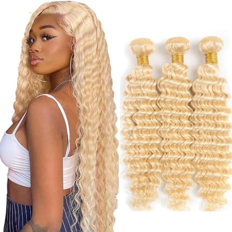 613 Blonde Deep Wave Human Hair Bundles - 3 Pack, 18-22 Inch