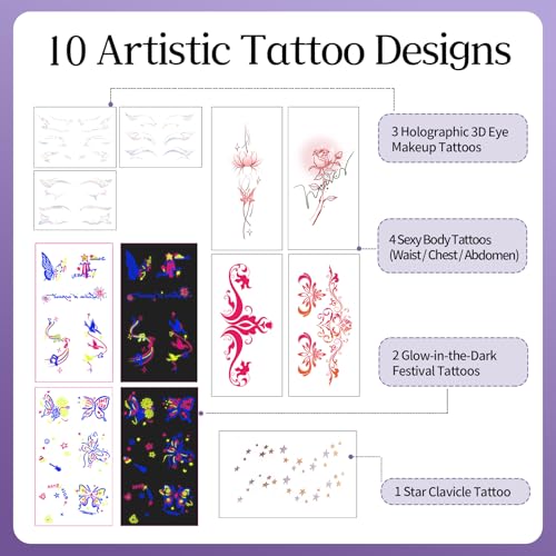 Glow in The Dark Temporary Tattoos - 10 Sheets Waterproof