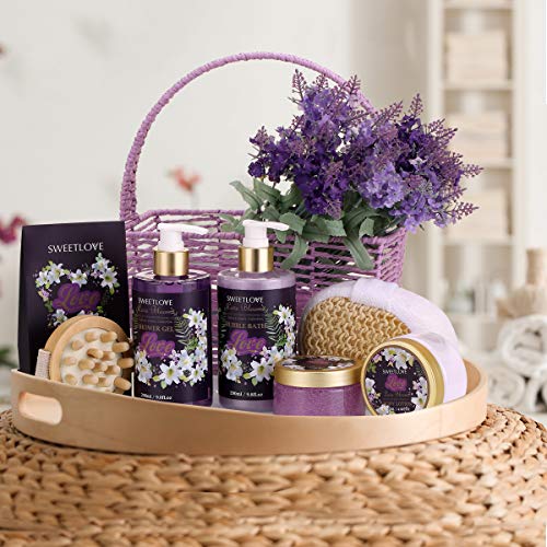 Spa Gift Basket for Women, Bath and Body Gift Set for her, Luxury 8 Piece,Lily & Lilac Scent,Best Gift for Mother's Day, Birthday, Christmas