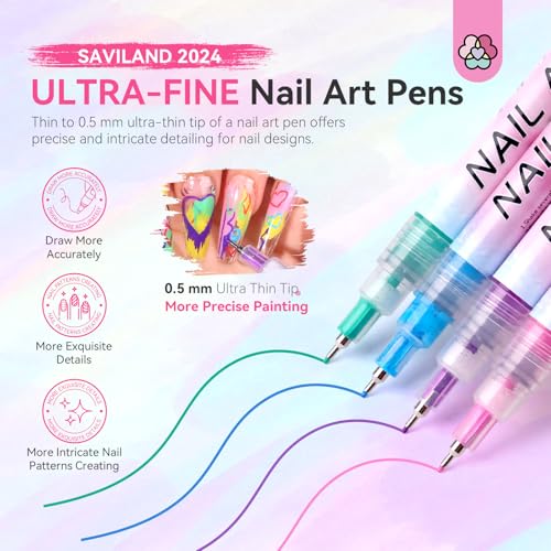 Saviland Nail Art Kit: 12 Colors 0.5mm Nail Polish Pens for Nail Art Design & 1g White Pearl Chrome Powder for Gel Nail Polish
