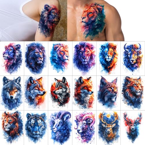 Glarryears Temporary Tattoos for Adults - 18-Pack Large Fake Tattoos, Long-lasting Animal Designs: Wolf, Lion, Tiger - Realistic 3D, Cool on Half Arm, Leg, Back, Body