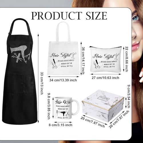 Coume 7 Pcs Hairdresser Gift Set for Women Hairstylist Apron Tote Bag Makeup Bag Mugs Scissors Charm Keychain Scissor Hair Clips and Box for Female Inspirational Appreciation Gifts
