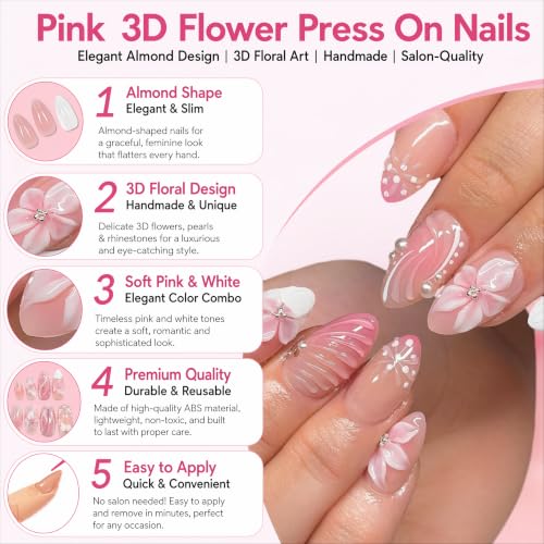 Medium Almond Press On Nails Pink 3D Flower Pearl