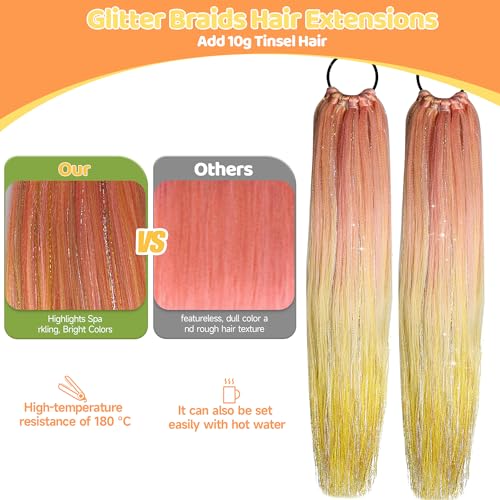 Ombre Hair Extensions Hair Tinsel Colored Hair Ponytail with Hair Tie, High Temperature Synthetic Crochet Braided Ponytail Extension, 26" Glitter Hair Accessories for Girls Women Crazy Hair Day (#17)