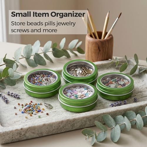 24 Pack 2 oz Green Aluminum Tins with Clear Lids & Labels