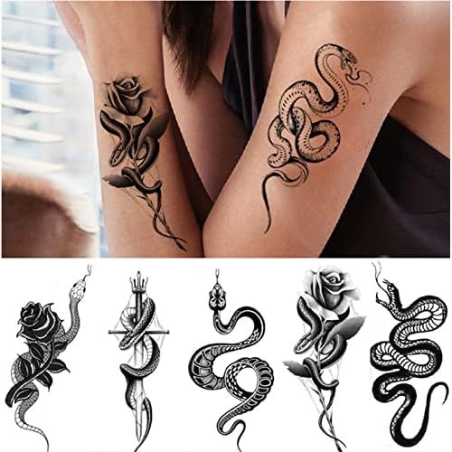 10 Sheets Realistic Snake Temporary Tattoo stickers for Women Men, Fake Snake Tattoo Stickers for Adults Girl¡¯s Arm Body, Black Serpent Peony Floral Kids.