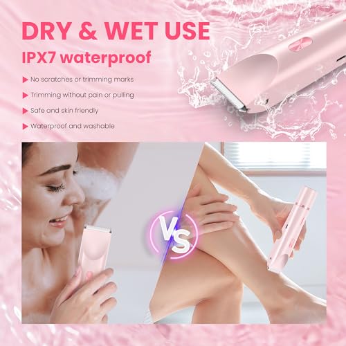 Bikini Trimmer for Women-2 in 1 Dual Head Electric Razors,USB Rechargeable Bikini Electric Shaver,IPX7 Waterproof Dry & Wet Use Body Hair Trimmer and Facial Hair Remover for Underarm Leg Body,Pink