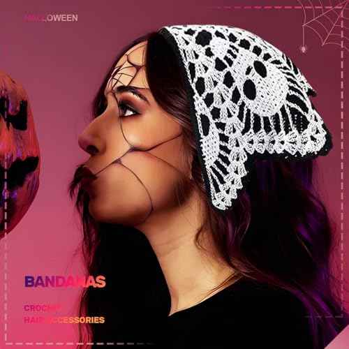 Acenail Black Skull Headbands Crochet Bandanas Headband Web Gothic Head Scarf Halloween Hair Accessories for Women 2Pcs