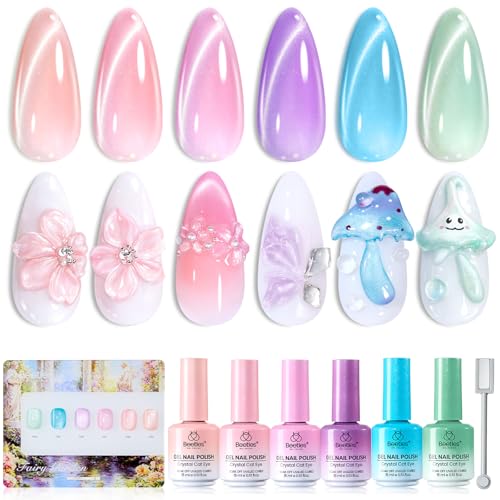 Beetles Fairy Garden Cat Eye Gel Nail Polish Set - 6 Colors 15ML Spring Gel Polish Kit Glitter Pink Purple Blue Orange Red Green Magnetic Effect Soak Off UV Nail Art DIY Manicure Gift for Women