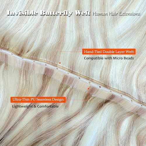 Butterfly Weft Hair Extensions Human Hair-Invisible Double Layered with Hole Hand Tied Genius Weft PU Seamless Micro Beads Real Remy Hair Blonde Highlights 100g #16P22 22 Inch