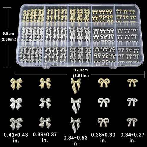 135 Pcs Bow Nail Charms 5 Styles Metal Bow Charms for Nails Gold Silver and White Gold
