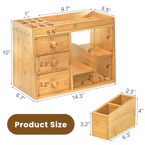 Elsjoy Large Countertop Bamboo Makeup Organizer with 3 Drawers, 12-Grid Lipstick Holder, Jewelry Hanging Hooks, Makeup Brush Holder, Desktop Wood Cosmetic Organizer Stand for Vanity