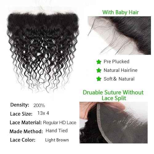 Kapelli Hair 13x4 Lace Frontal Closure Water Wave Regular HD Lace, 200% Density, 100% Brazilian Virgin Human Hair Ear to Ear HD Lace Frontal Pre Plucked with Baby Hair Natural Black Color 18 Inch