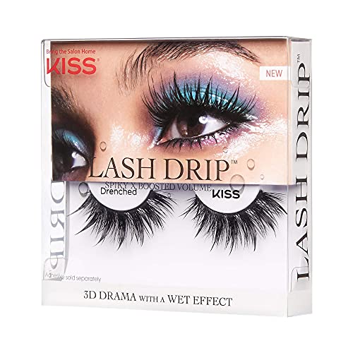 KISS Lash Drip False Eyelashes, Spiky X Boosted Volume, Unique Wet Look Hydrated Effect, Multi-Length Rewearable Fake Eyelashes, Wispy Crisscross Lash Pattern, Style ¡®Drenched¡¯, 1 Pair (Pack of 2)