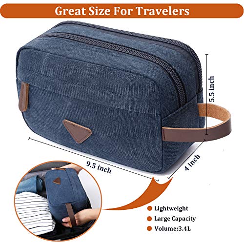 Mactso Mens Travel Toiletry Bag Canvas Leather Cosmetic Makeup Organizer Shaving Dopp Kits with Double Compartments (Blue 1)