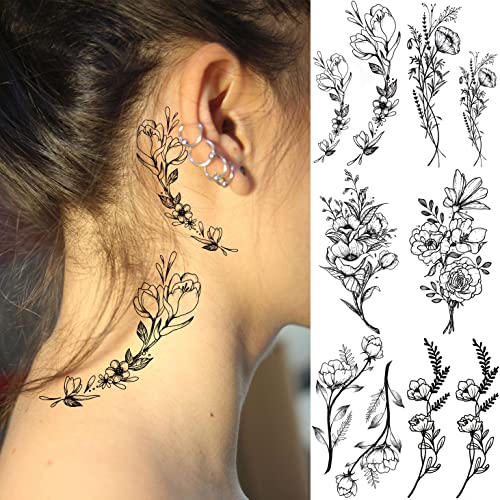 19 Sheets Black Flower Temporary Tattoos for Women