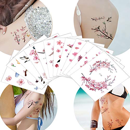 Waterproof Cherry Blossom Temporary Tattoos for Women | 12 Sheets