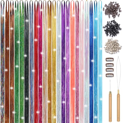 22 Colors Hair Tinsel Kit, 7800 Strands 48 Inch Glitter Tinsel Hair Extensions with Tools, Heat Resistant Sparkling Fairy Hair Accessories for Girls, Kids, Women Christmas Cosplay Party