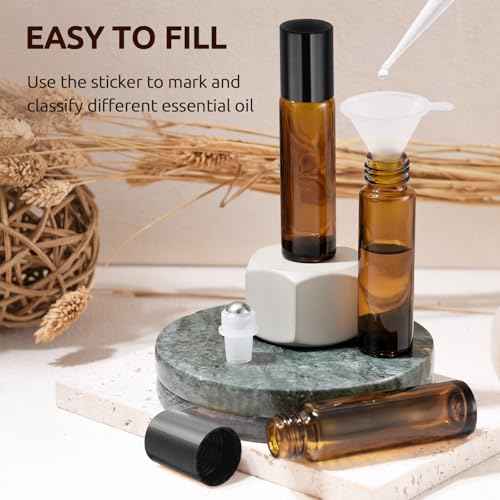 10ml Roller Bottles for Essential Oils(4-Pack), Leak-Proof Amber Glass Roller Ball Applicator, Opener, Droppers, Funnel & Labels, Roll on Bottles for Perfume & DIY Skincare