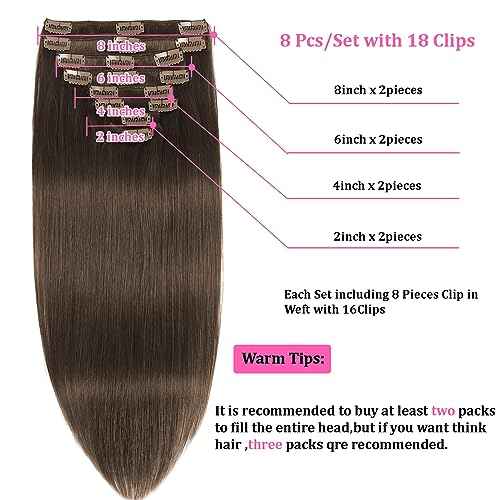 Chocolate Brown Clip in Hair Extensions Real Human Hair Clip ins Remy Human Hair Clip in Extensions Invisible Natural Straight Seamless Clip on Hair Extensions 8pcs Double Weft 18 Inch 80g