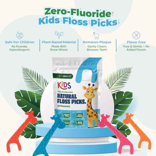 Unflavored Biodegradable Kids Flossers - Dental Floss Picks for Children | Fluoride & Plastic-Free | Colorful & Fun Animal Floss Sticks | Eco Friendly, Vegan, Natural (200 Pack)