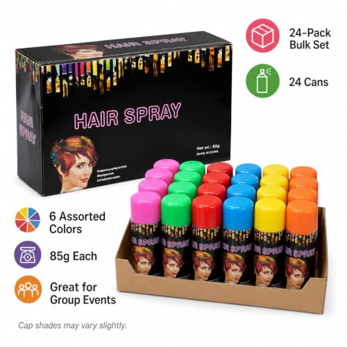 Temporary Hair Color Spray 24-Pack Bulk (6 Colors)