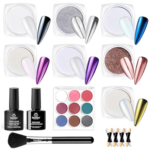 Beetles Metallic Chrome Nail Powder Kit, Mirror Effect Holographic Nail Gradient Powder Set & Nail Art Stickers Decals with 2Pcs 7.5ml Top Coat for DIY Nails Art Decoration, 16 Colors 0.5g/Jar